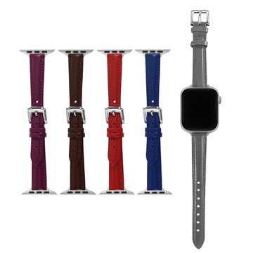 Apple Watch 全系列通用錶帶 蘋果手錶替用錶帶 素面車線 真皮錶帶 深褐/紅/藍/紫/灰色 #C-14