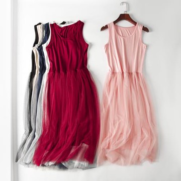 莫代爾背心裙吊帶連衣裙女夏季雪紡無袖網紗內搭打底長裙大碼顯瘦