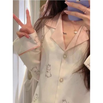 睡衣女春秋款冰絲簡約薄款高級感性感仿真絲女士長袖家居服兩件套