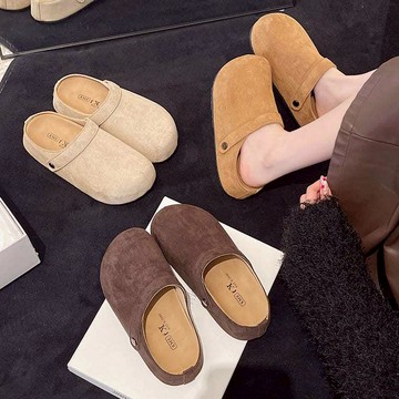 白鳥麗子 [現貨快出] 兩穿穆勒鞋 韓系扣帶素面絨布包頭厚底拖鞋