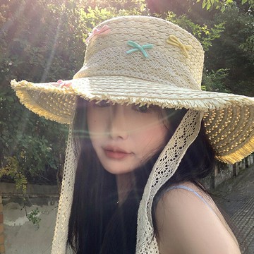 甜美蝴蝶結手工編織草帽女蕾絲系帶夏季出游防曬遮陽帽沙灘太陽帽