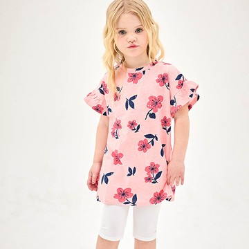 韓國 Jelispoon - 大花印荷葉袖上衣X內搭褲套裝-粉X白