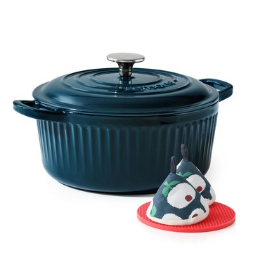 SENSARTE 22cm 鑄鐵琺瑯鍋 琺瑯塗層 附鍋蓋 IH瓦斯爐烤箱適用 藍色