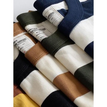 重磅260G夏雙紗日系復古純棉休閑圓領短袖男式女T恤美式橫寬條紋t