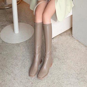 ins小眾設計韓國軟皮長靴女方頭粗跟彈力靴網紅瘦瘦靴高筒騎士靴