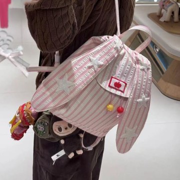 2025新款條紋雙肩包女大容量通勤托特包學生上課書包兔耳朵背包