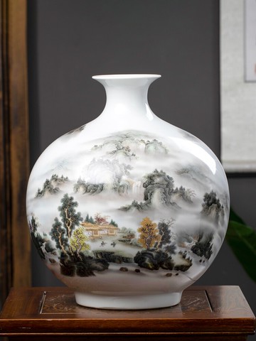 景德鎮陶瓷花瓶插花擺件新中式石榴瓶家居客廳裝飾品瓷器擺件小號