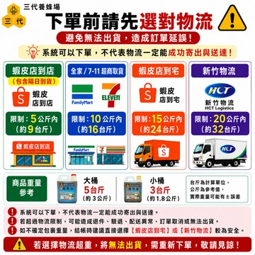 【三代養蜂場】⚠️系統可下單不代表物流可寄送，請務必確認物流重量限制，避免超重影響出貨。
