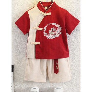 男童漢服中國風夏裝兒童古裝演出服唐裝寶寶周歲禮服棉麻抓周套裝
