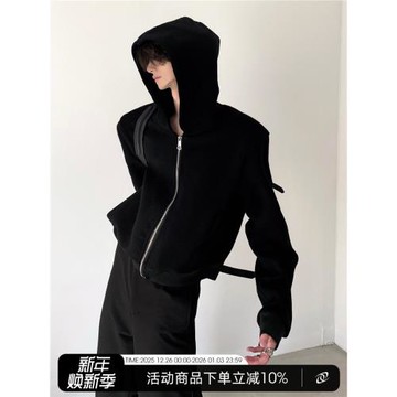 秋山風/基礎三色cleanfit廓形短款黑色連帽衛衣男女拉鏈開衫外套