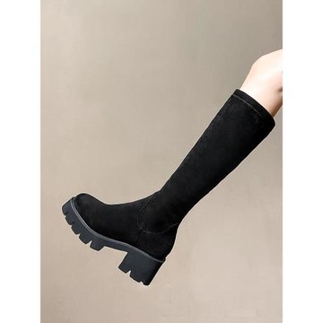 胖mm粗腿黑色絨面厚底大碼長筒靴