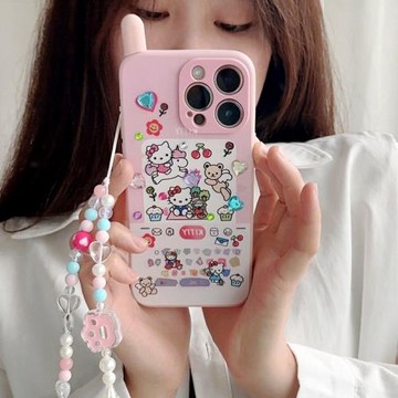 少女心kt貓大哥大適用iPhone16promax蘋果17手機殼12mini創意diy貼紙11網紅13全包plus軟殼14硅膠15pro手鏈條