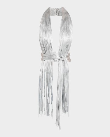 Metallic Fringe Knotted Halter Crop Top