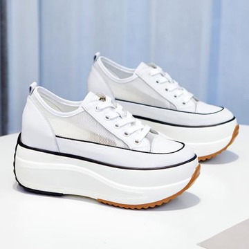 內增高網鞋女2026新款韓版春季厚底真皮透氣網面松糕休閑單鞋百搭