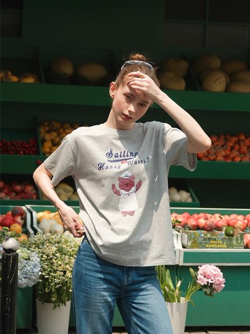 MintCheese 美式复古 童趣宽松灰色短袖T恤