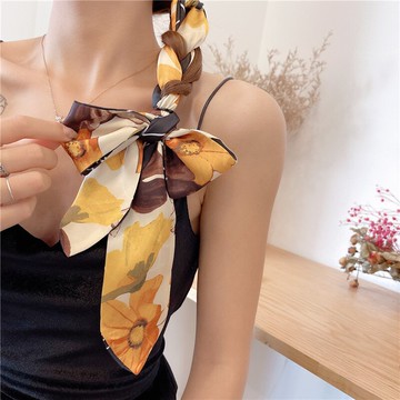 扎頭絲帶飄帶長款油畫絲巾發帶春秋款洋氣時尚春秋氣質小領巾