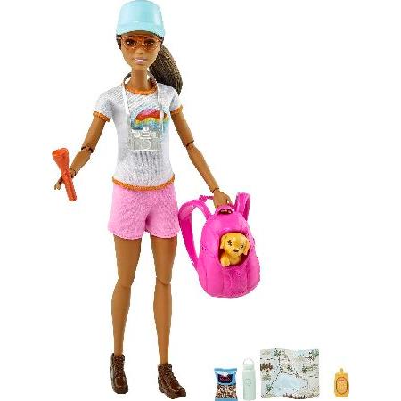 Barbie Self-Care Doll, Brunette Posable Hiking Doll with Puppy and