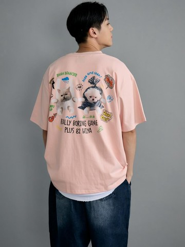 PLUS 82 HIYA狗狗圖案落肩TEE (櫻花粉)