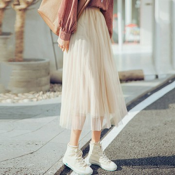 秋季新款百褶仙女紗裙新款中長款高腰時尚網紗百搭半身紗裙子