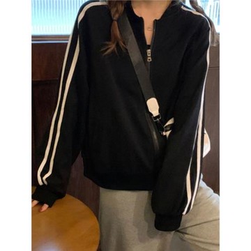 衛衣外套女春秋2025歐貨復古開衫上衣拉鏈夾克運動休閑條紋棒球服