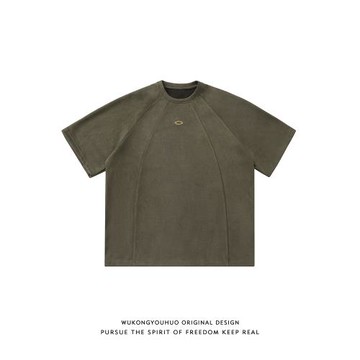 悟空有貨美式復古麂皮絨拼接短袖T恤男夏季潮牌小眾百搭休閑上衣