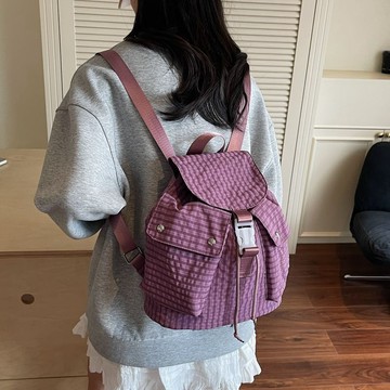 限時特賣 韓國 後背包 雙肩包 大容量 小衆輕便雙肩包女夏大容量格子帆布通勤包休閒百搭外出旅行小揹包嚴選
