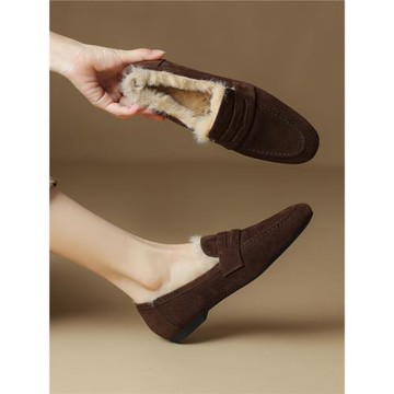 磨砂軟羊皮冬季平底毛毛鞋女外穿一腳蹬加絨豆豆鞋真皮懶人穆勒鞋