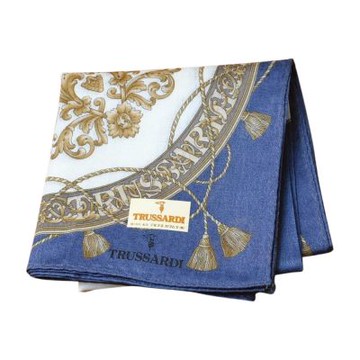 TRUSSARDI 品牌字母LOGO花紋金絨花藤流蘇圖騰帕領巾(米黃/灰紫邊/50CM)