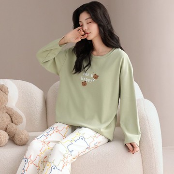 Pink Lady 罩杯式雙面棉 快樂小熊 長袖成套睡衣秋冬兩件式居家服