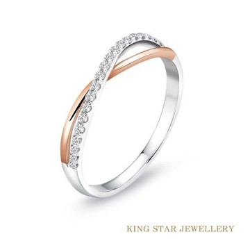 King Star 18K金 雙色交織 白X玫瑰金 天然鑽石線戒