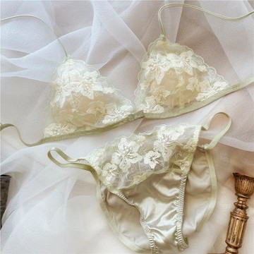 法式性感超薄蕾絲刺繡文胸罩三角杯防凸點無鋼圈細肩帶美背內衣