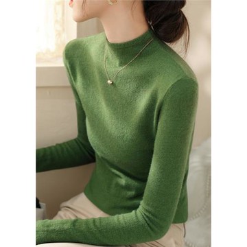 豌豆綠長袖針織衫女修身顯瘦氣質內搭打底上衣半高領毛衣冬季新款