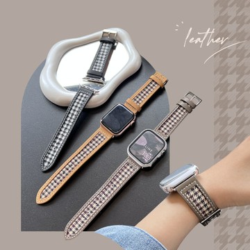 皮革邊拼千鳥格真皮錶帶 適用iWatch Series 1~7代 替換錶帶 手錶帶 Apple Watch Unicorn