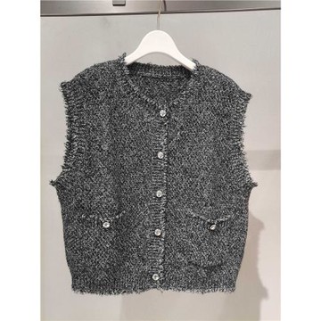 2024秋季新款小香風流蘇圓領針織開衫馬甲背心女4F9134991