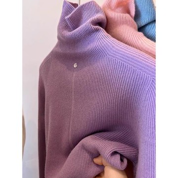 法式無縫一體高領針織衫女秋冬季堆堆領紫色打底毛衣內搭保暖上衣