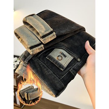 冬季新款抓絨保暖男士牛仔褲高端潮牌休閑百搭長褲修身彈力小腳褲