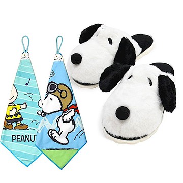 史努比造型絨毛止滑氣墊拖鞋+擦拭巾組_morino(買1送1)