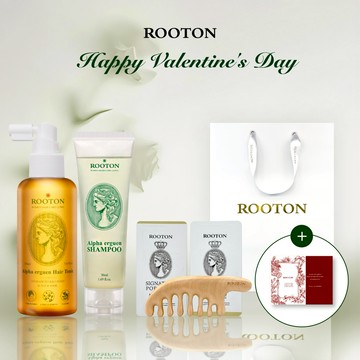 快速出貨【ROOTON】情人節快樂！甦活植萃髮根噴霧150ml+植萃洗髮精70ml+沐浴膠5ml+身體乳5ml+甦活養髮梳+棉麻束口袋+情人節小卡+燙金禮袋