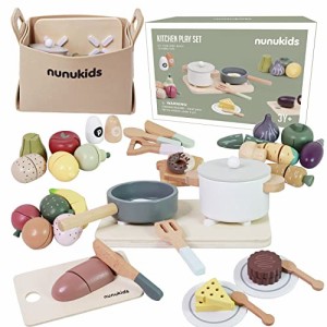 nunukids Wooden Play Food Sets for Kids Kitchen 42 pc Wooden Toys