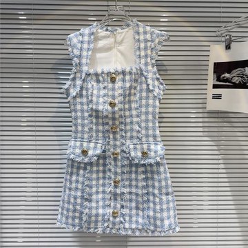 (免運)網紅同款2025秋季新款小香風金屬扣毛邊格子粗花呢氣質名媛連衣裙