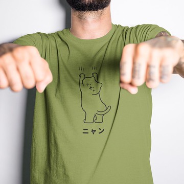 日文喵 中性短袖T恤 軍綠色 貓咪 抓牆 毛小孩 禮物 文青