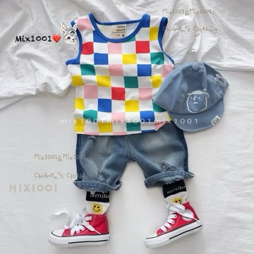 🌈✨mix1001 繽紛積木方塊背心上衣✨兒童彩色大格紋無袖上衣 5-17