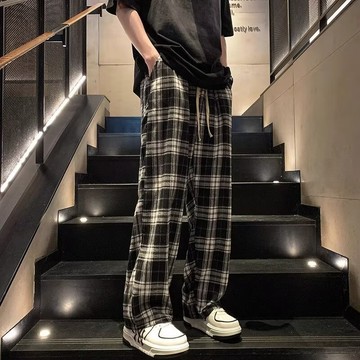 長褲男 高品質美式韓系復古格子褲男 夏季新品直筒寬松潮牌垂感闊腿休閒長褲 直筒褲男大尺碼百搭休閒格子褲男女 青少年休閒褲