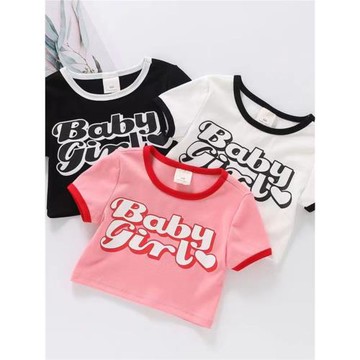 女童短袖2026體恤短款夏裝中大童露肚臍字母兒童純棉洋氣舞蹈上衣