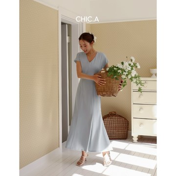 CHIC A SPACE 浪漫法式袖魚尾長洋裝(藍/杏) 女裝 現貨 氣質 高級感