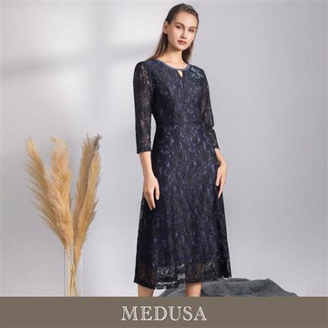 現貨【MEDUSA 曼度莎】黑藍蕾絲緹花七分袖喜宴小禮服（M-XL）｜小禮服 喜宴禮服 媽媽禮服