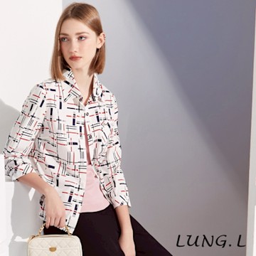 LUNG.L林佳樺 白色搭配紅藍格紋印花棉質九分袖女裝襯衫LR62A