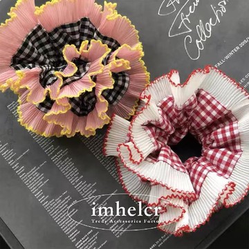 🔥2件9折🍊臺北出貨🍊可開發票法式重工絕美蕾絲花邊超大格紋雙層大腸髮圈ins小衆氛圍感發飾女