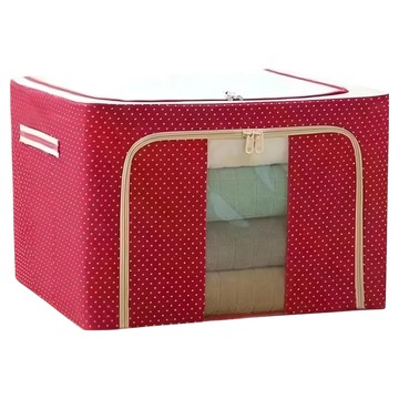 小麥購物 大容量防潑水牛津布雙門單視窗衣物鐵架收納箱 66L  1個  50 x 42 x 32.5cm  點 紅色 + 白色