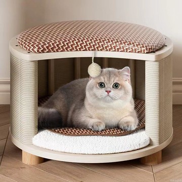 四季通用貓窩凳子人貓共用封閉小幼貓屋房子實木夏天涼席冬季保暖
